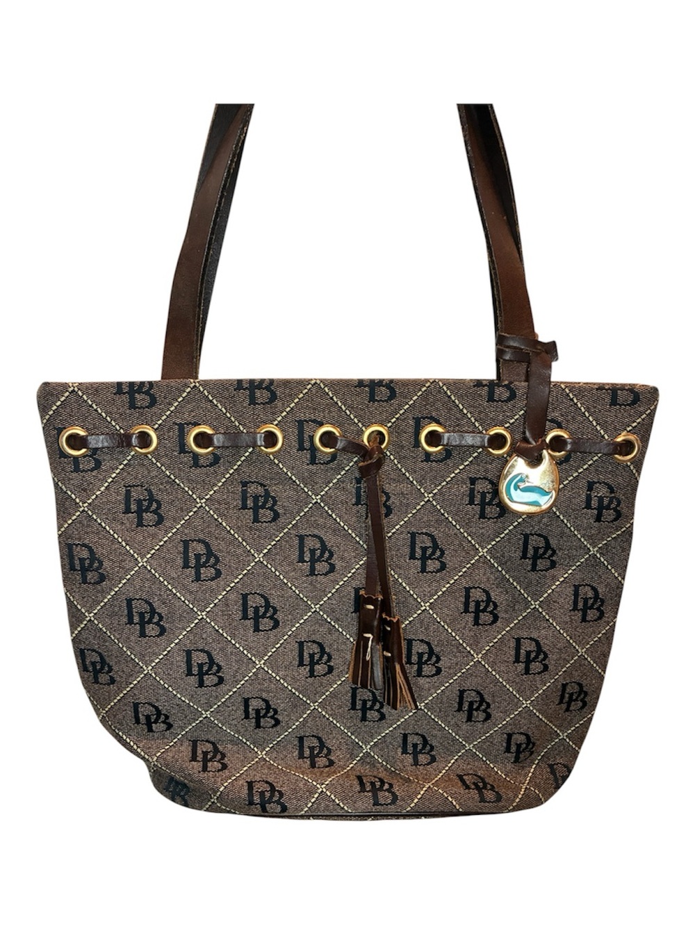 Dooney and Bourke Women’s Brown Signature Monogram Tassel Canvas Bucket Y2K - Picture 3 of 5
